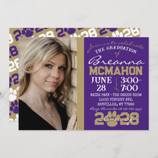 パープル&ブロンズポープリント卒業写真 招待状 (正面/裏面)