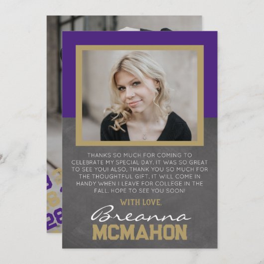 パープル&ブロンズ卒業2写真サンキューカード 招待状 (正面/裏面)