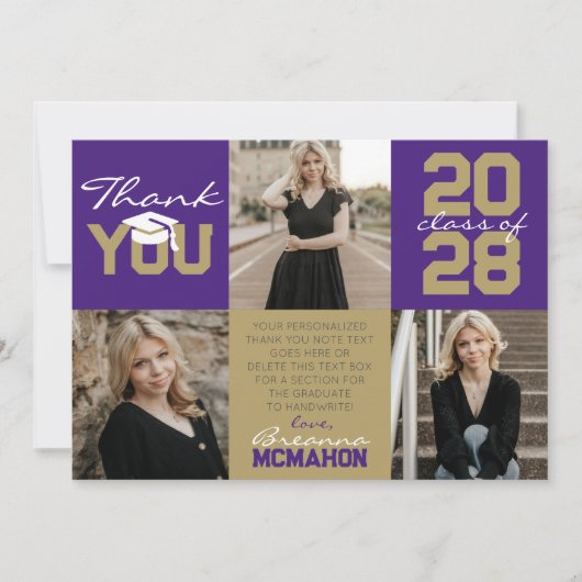 パープル&ブロンズ金ゴールド3写真卒業ありがとう 招待状 (正面)