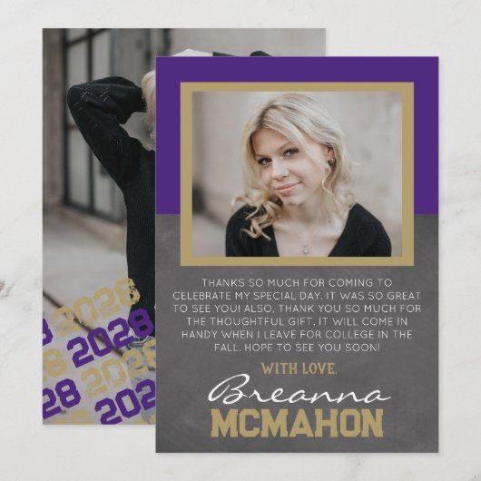 パープル&ブロンズ 卒業式2枚の写真を使った感謝カード 招待状 (正面/裏面)