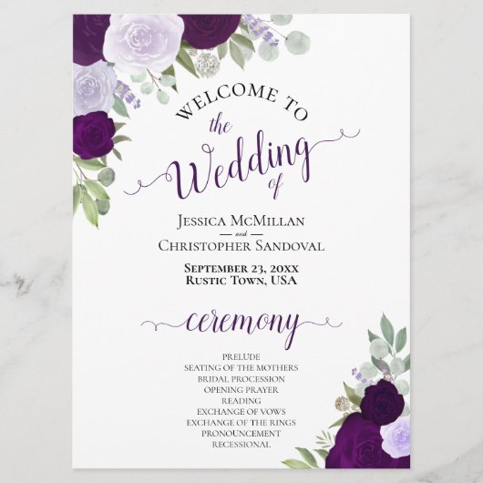 パープル&プラムフローラダウンロード可能結婚式 プログラム (正面)