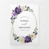 パープル プラム アイボリー ゴールド フローラル ジオメトリック ウェディング 三つ折り案内状 (カバー)