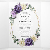 パープル プラム アイボリー ゴールド フローラル ジオメトリック ウェディング 三つ折り案内状 (内部中)