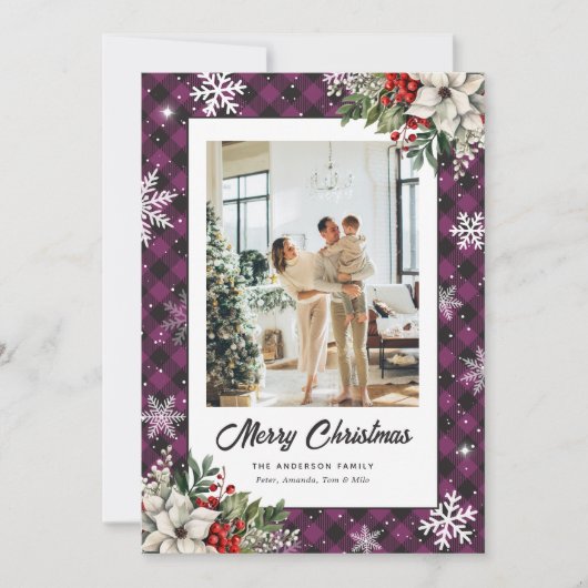 パープル プリント柄の植物写真 クリスマスカード (正面)