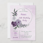 パープル&ホワイトフローラリース誕生日パーティー 招待状 (正面)