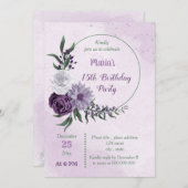 パープル&ホワイトフローラリース誕生日パーティー 招待状 (正面/裏面)