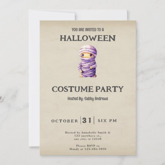 パープル＋ホワイトミイラのヴィンテージ・ハロウィン 招待状 (正面)