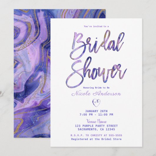 パープル ホワイト ゴールド マーブル シック グラム ブライダル シャワー 招待状 (正面/裏面)
