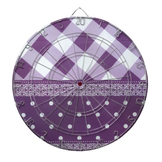 パープル ホワイト チェック柄 ポルカドット フローラル ダマスク アート ダーツボード (正面)