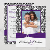 パープル・ホワイト・ブラック ダマスク フォト ウェディング 招待状 (正面/裏面)