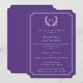 パープル/ホワイト モノグラム ラウレルリース 卒業 招待状 (正面/裏面)