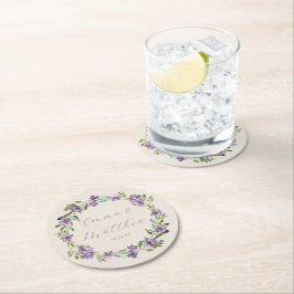 パープル・ボタニカル・リース・ウェディング・モノグラム ラウンドペーパーコースター