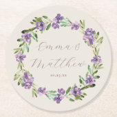 パープル・ボタニカル・リース・ウェディング・モノグラム ラウンドペーパーコースター (正面)