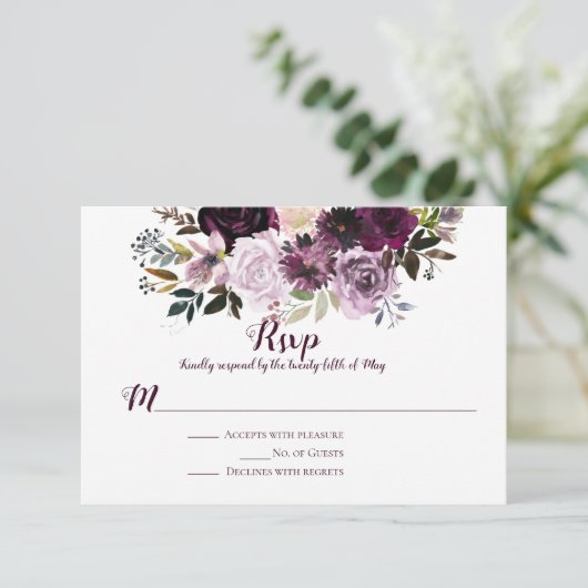 パープル・マウブ・ピンクの芍薬とバラの出欠確認 出欠カード (スタンド正面)