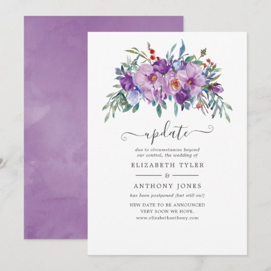 パープル マグノリアとローズのウェディング アップデート 招待状 (正面/裏面)