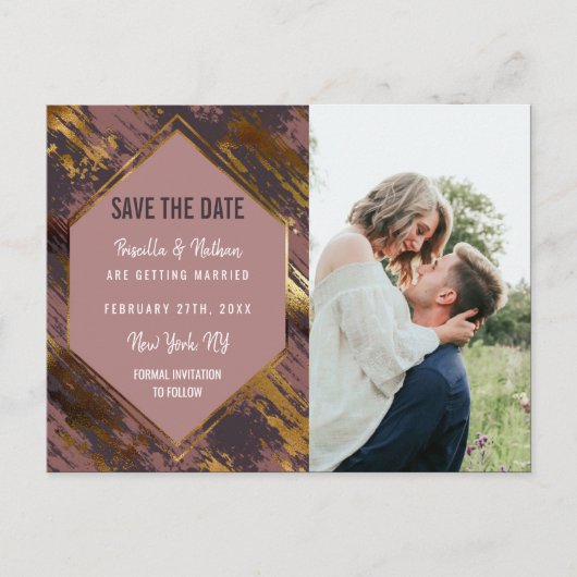 パープル マーブ ゴールド ブラシストローク モダン セーブ デート 案内ポストカード (正面)