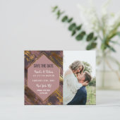 パープル マーブ ゴールド ブラシストローク モダン セーブ デート 案内ポストカード (スタンド正面)