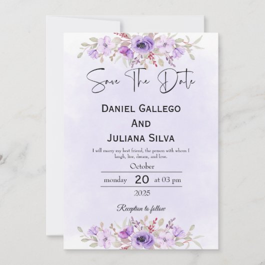 パープル ミニマリスト フラワー ウェディング セーブ ザ デート 招待状 (正面)