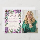 パープル ミント グリーン フローラル 60歳の誕生日 写真 招待状 (正面)