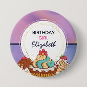 パープル&モダンピンク抽象芸術誕生日ガール 缶バッジ (正面)