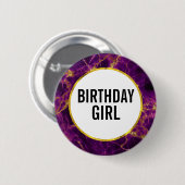 パープル&モダン金ゴールドマーリング誕生日ガール 缶バッジ (正面&裏面)