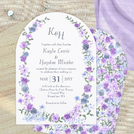 パープル&ライトブルーバラ庭園の結婚式アーチ 招待状