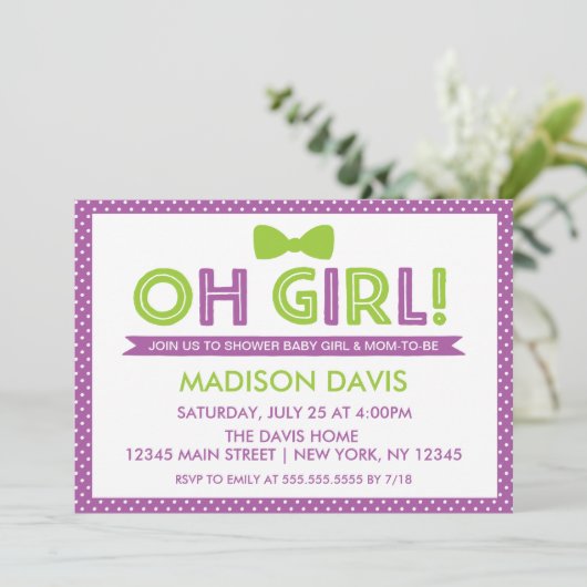 パープル&ライムグリーン水玉模様オ女の子ベビーシャワー 招待状 (スタンド正面)