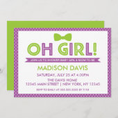 パープル&ライムグリーン水玉模様オ女の子ベビーシャワー 招待状 (正面/裏面)