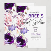 パープル ライラック ピンク ローズ フローラル ホワイト スイート 16 パーティー 招待状 (正面/裏面)