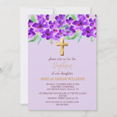 パープル ライラック フラワー ゴールド クロス 女の子 洗礼 招待状 (正面)