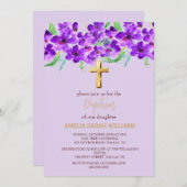 パープル ライラック フラワー ゴールド クロス 女の子 洗礼 招待状 (正面/裏面)