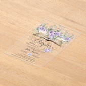 パープル ライラック フローラル ブック ネクスト チャプター ブライダル アクリル招待状 (レイダウン)