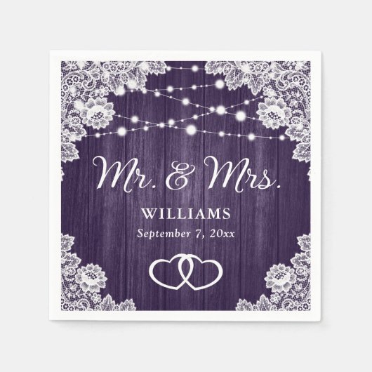 パープル ラスティック ウッドレース ストリング ライト ウェディング スタンダードカクテルナプキン (正面)