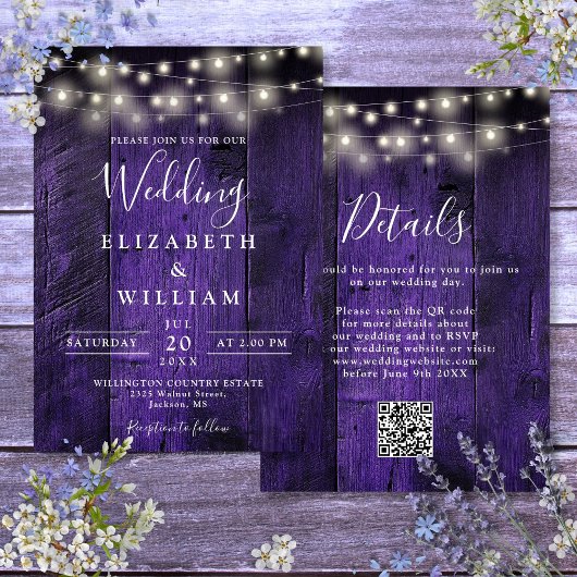 パープル ラスティック ウッド ウェディング ストリング ライト QR コード 招待状