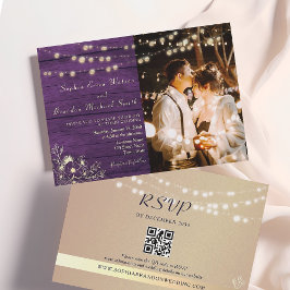 パープル ラスティック ウッド ストリング ライト ウェディング QR コード 招待状