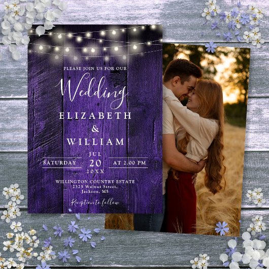 パープル ラスティック バーン ウッド ストリング ライト ウェディング 招待状