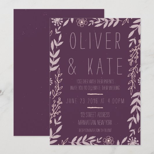 パープル ラスティック フラワー ウェディング 招待状 (正面/裏面)