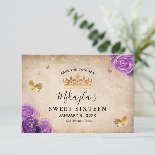 パープル ラベンダーとゴールドのローズ エレガント セーブザデート (スタンド正面)