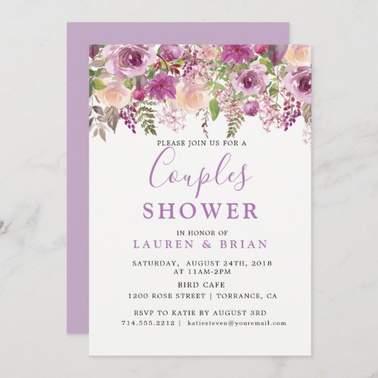 パープル ラベンダー フラワーの男女共用カップルシャワー 招待状 (正面/裏面)
