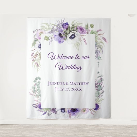 パープル ラベンダー & ホワイト アネモネ 花柄 | タペストリ タペストリー (正面)