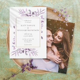 パープル ラベンダー 葉 ゴールド フォト ウェディング 招待状