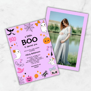 パープル リトル ブー かわいい ハロウィン ベイビー シャワー 招待状