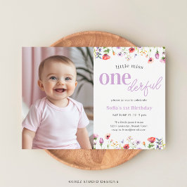 パープル リトル ミス ワンダフル 写真 1歳の誕生日 招待状