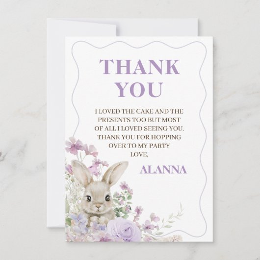 パープル ワイルドフラワーズ ウサギ 誕生日 サンクス カード (正面)