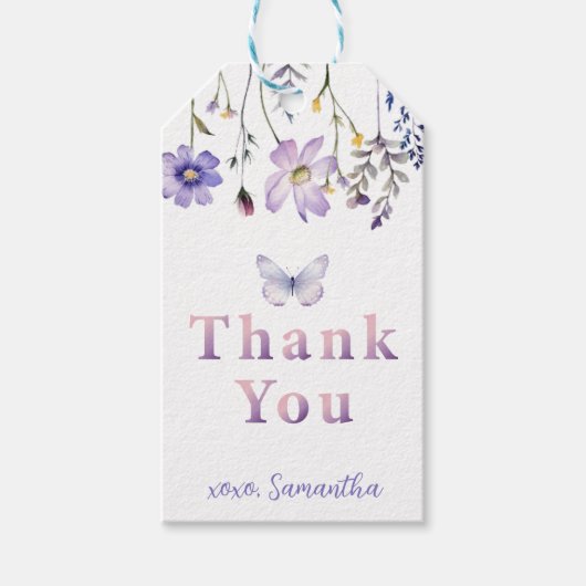 パープル ワイルドフラワー バタフライ バースデー ギフトタグ (正面)