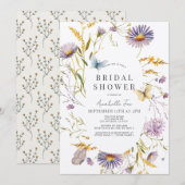 パープル ワイルドフラワー & バタフライ ブライダルシャワー 招待状 (正面/裏面)