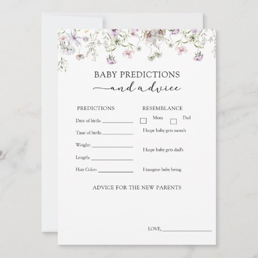 パープル ワイルドフラワー ベイビー アドバイスと予測 招待状 (正面)