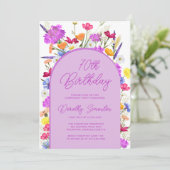 パープル ワイルドフラワー ボヘミア アーチ 70歳の誕生日パーティー イン 招待状 (スタンド正面)