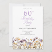 パープル ワイルドフラワー 60歳の誕生日パーティー 招待状 (正面)
