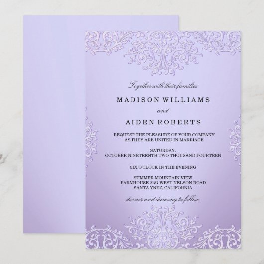 パープル ヴィンテージ ダマスク ウェディング インビテーション (正面/裏面)